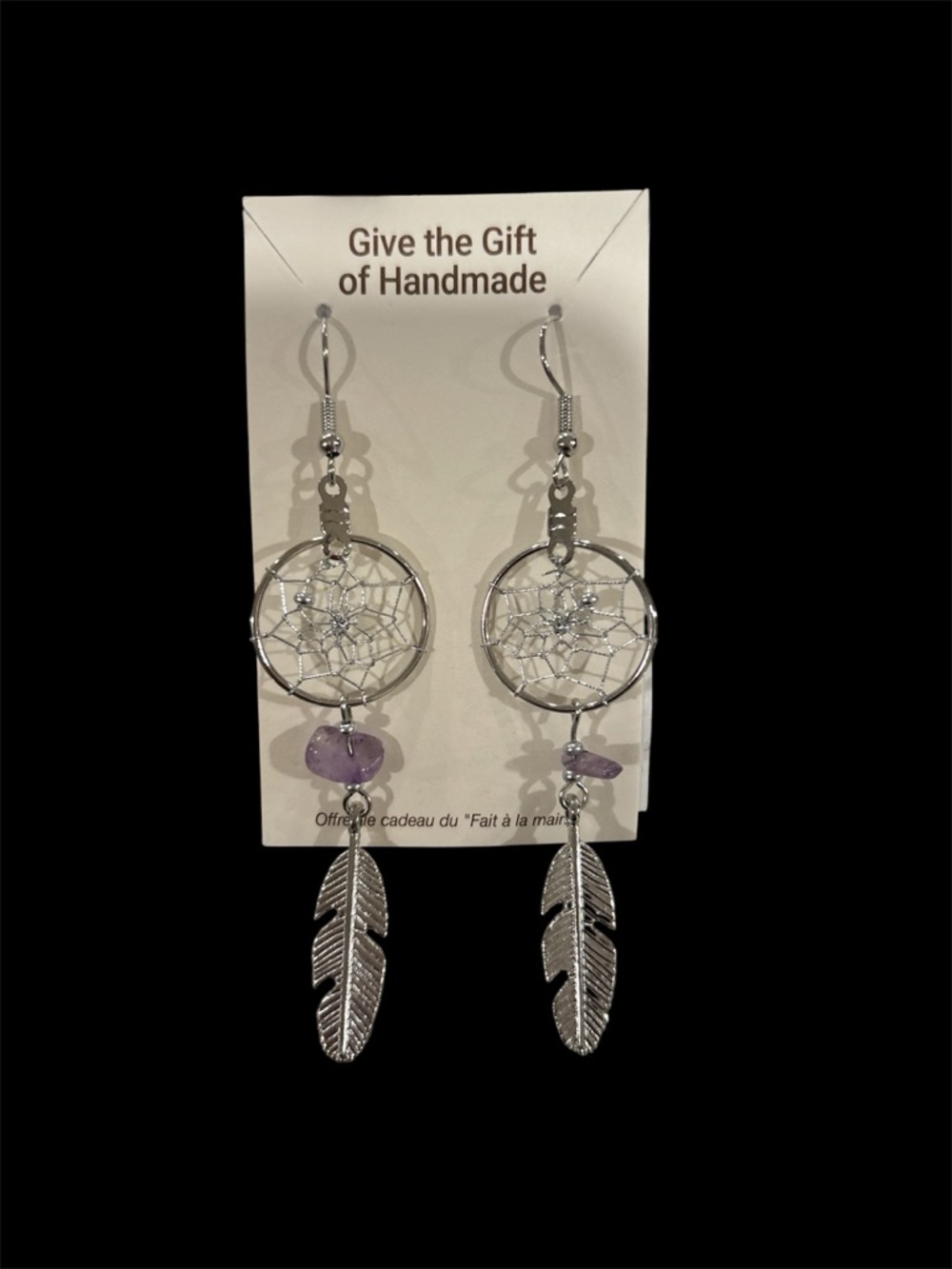 Handmade Silver Dreamcatcher Earrings with Amethyst Accent